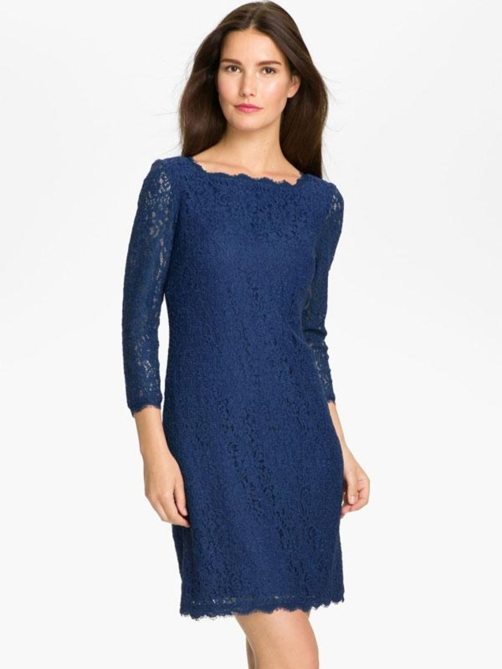 Adrianna Papell Navy Lace Long Sleeve Scalloped Sheath Dress